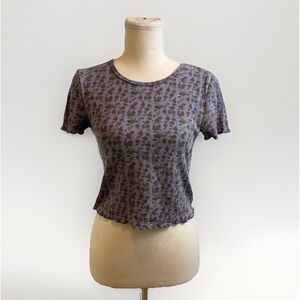 American Eagle Blue Floral Waffle Knit Baby Tee Sz M Romantic Cottagecore Y2K